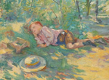 Sleeping Boy with Hat and Rocking Horse Toy