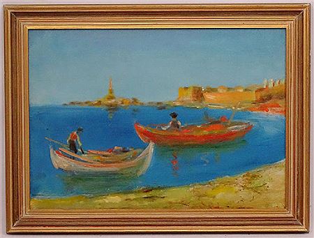 Figures fishing from their boats in a bay