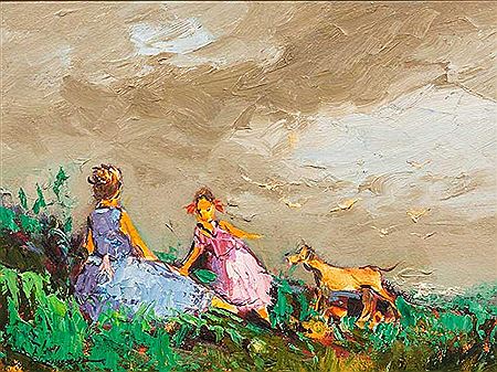 Wo Girls Playing with a Dog
