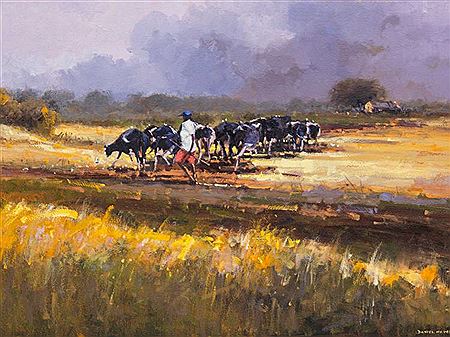 Farm Scene with Cattle and Herder