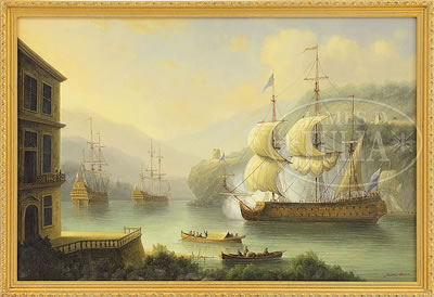 GALLEONS ON A CALM RIVER