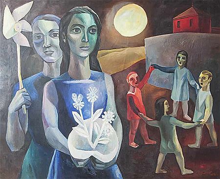 Two people and children dance in a landscape