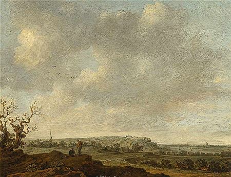 Weiter Fernblick auf den Elterberg mit Abtei und den Rhein von den Höhen im Nordwesten; links vorn zwei Figuren bei abgestorbenem Baum