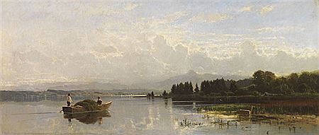 Heuboot bei der Überfahrt (wohl oberbayerischer See). Um 1880.