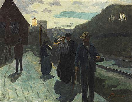Stuttgarter Westbahnhof in der Abenddämmerung. 1899.