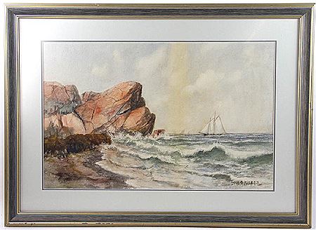 Coastal view with boat and rocks
