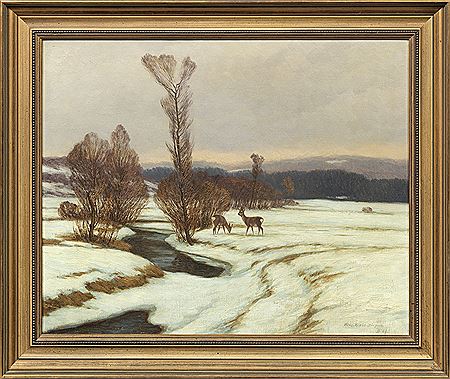 Winterlich verschneite Eifel-Landschaft mit Rehen an einem Bachlauf