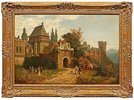 Höfische Gesellschaft des 17. Jhs. vor einer rheinischen mittelalterlichen Stadt