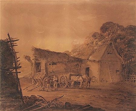 Horse team and wagons outside a thatched barn with two labourers and children by Robert Dixon - Auction record, sale price, and art valuation. Compare with similar artists and explore comparable artworks.