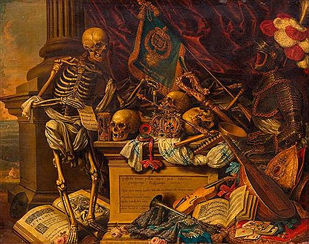 Memento Mori still life with musical instruments, books, sheet music, skeleton, skull and armour.