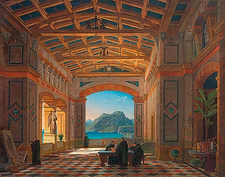 Italienische Klosterhalle mit Benediktinermönchen und Ausblick auf Capri