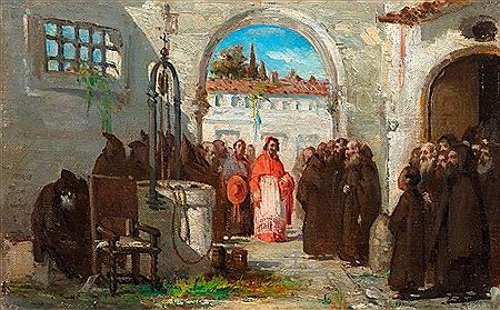 Courtyard with cardinal and Franciscan brothers. by Lorenzo Casanova Ruiz - Auction record, sale price, and art valuation. Compare with similar artists and explore comparable artworks.