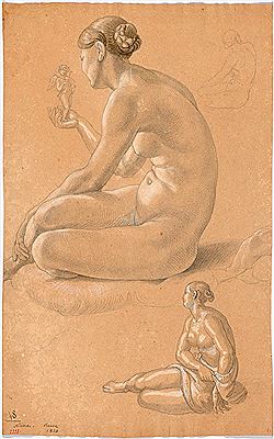 "Nana". 1810. Seated female nude, holding a winged Cupid and a further nude study. Verso: study of a standing female nude with open hair and arms crossed over her head, and further studies