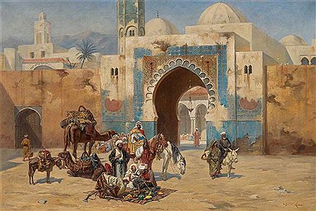 Oriental market scene before a city gate.