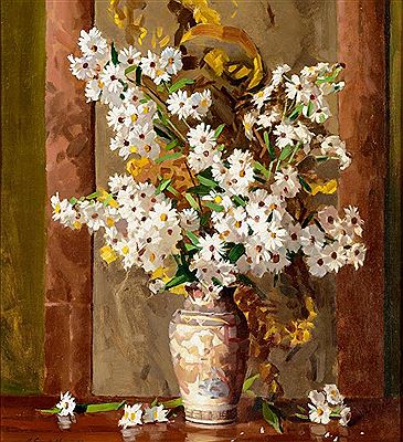 Still life with white flowers in a Satsuma vase
