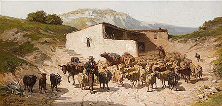 Départ du berger et de son troupeau pour la transhumance