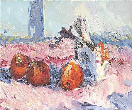 Still life with three red apples