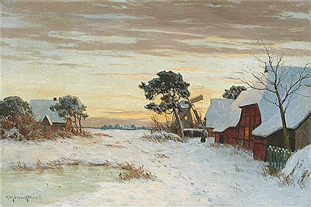 Winter Landscape in Ahrenshoop with cottages and a Windmill