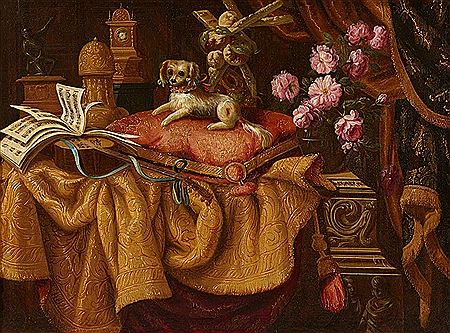 Still Life with Silver, Sweetmeats, Roses, a Guitar, and a Dog on a Table