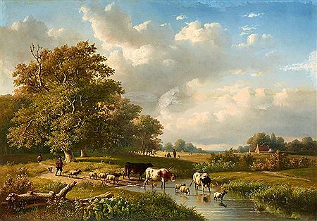 A Shepherd with Cows, Sheep, and Goats by a La