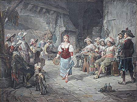 Danseuse au tambourin dans la taverne animée