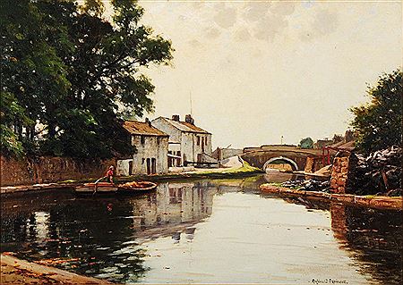 River landscape with barge approaching an arched bridge by Reginald Aspinwall - Auction record, sale price, and art valuation. Compare with similar artists and explore comparable artworks.