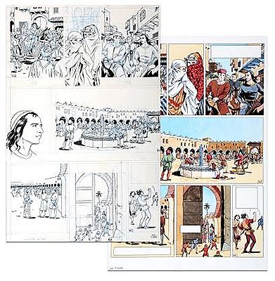 Mirallès A la recherche de la Licorne, planche n°40 à l'encre de Chine et au crayon bleu de l'épisode "Les Forgerons blancs"