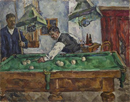 The Game of Billiards. Aristarkh Lentulov and Petr Konchalovsky by Pyotr Petrovich Konchalovsky - Auction record, sale price, and art valuation. Compare with similar artists and explore comparable artworks.