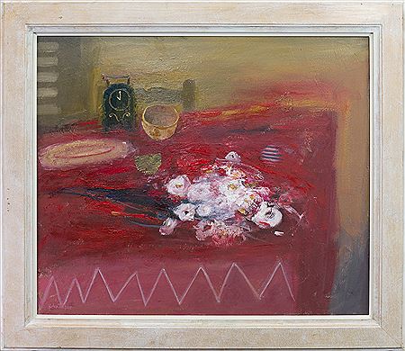 FLOWERS ON A RED TABLE