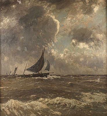 Segelboote im aufziehenden Sturm Fischerboote auf bewegter See, unter dramatisch bewölktem Himmel