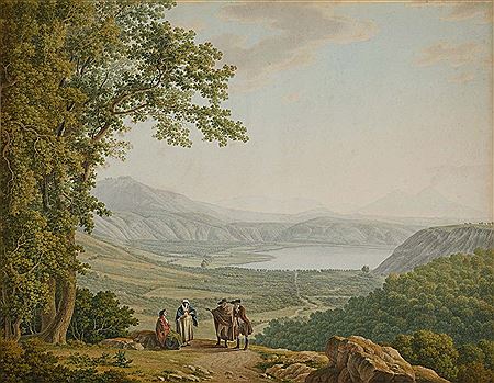Vue animée et présumée du lac d’Averne près de Naples avec le Vésuve au loin