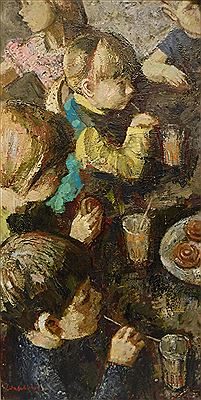"School children with drinks and patisserie" by Bertil Wahlberg - Auction record, sale price, and art valuation. Compare with similar artists and explore comparable artworks.