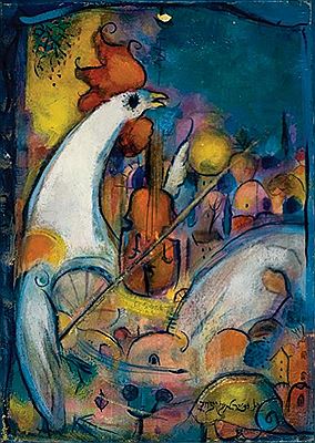 Urban landscape with rooster and violin