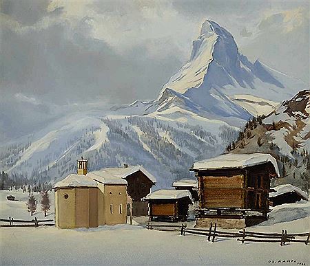 Verschneites Bergdorf mit Blick auf das Matterhorn