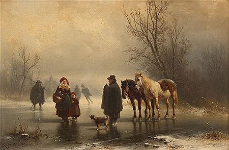 Figures, horses and dog on a frozen pond