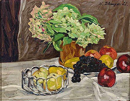 Stilleben mit Früchteschale, Trauben, Äpfeln und Birnen sowie Blütenstrauß by Wilhelm Schreyer - Auction record, sale price, and art valuation. Compare with similar artists and explore comparable artworks.