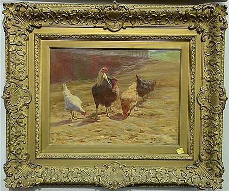 Rooster with Hens in Barnyard