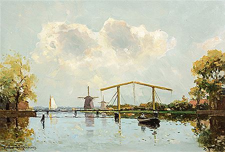 Dutch canal landscape with a drawbridge and windmills