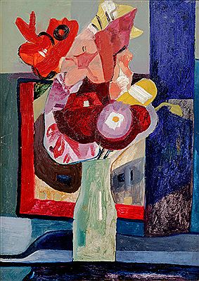 Neckar weir; Flower still life in front of a painting