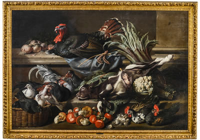Stilleben mit Geflügel, Gemüse und Pilzen