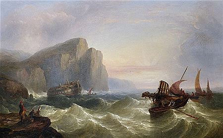 Shipping in Choppy Waters with Figures on the Rocks by John Warkup Swift - Auction record, sale price, and art valuation. Compare with similar artists and explore comparable artworks.
