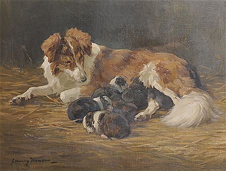 "Collie and her Pups" in a Stable Interior