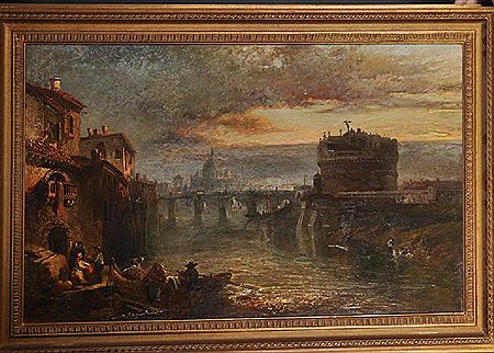 A River Scene on the Tiber, Rome, with Figures by Boats in the foreground