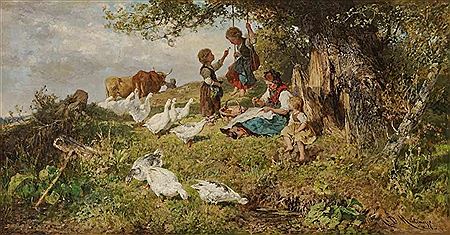 Dachauer Bäuerin mit Kindern und Gänsen