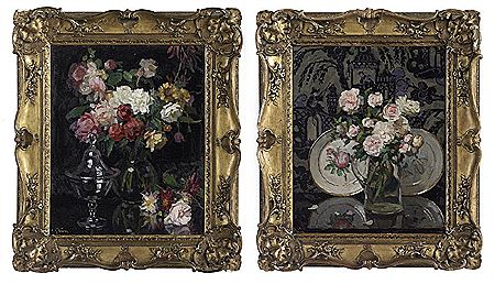 Pair: "Still Life of Pink Roses and China Plates" and "Floral Still Life with a Glass Dish"