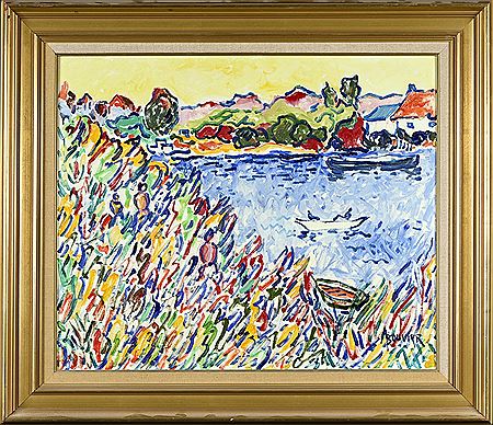 Sample artwork by Armand Bouvier (1913 - 1997), known for paintings of expressive, brightly colored marine, genre and and cities with buildings - View similar artists and auction records