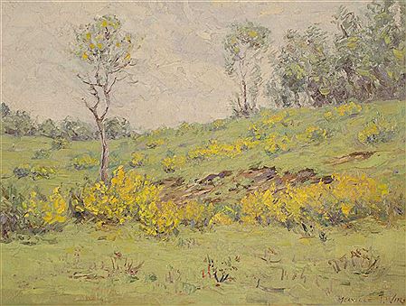 Pasture with trees and flowering shrubs