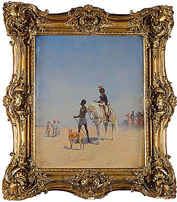 Le général Bonaparte à cheval guidé par un nubien dans le désert égyptien suivi de ses soldats commandés par Kleber et Desaix