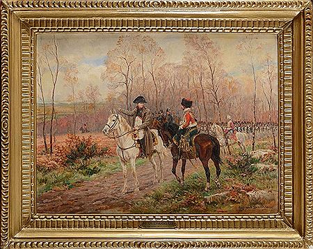 The Emperor accompanied by an officer of Chasseurs, before the guard and his staff