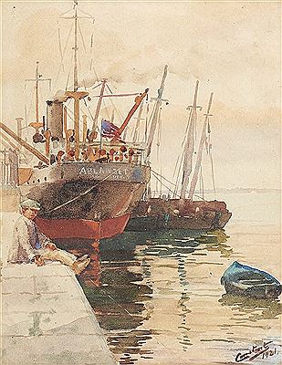 Vista de porto com barcos e figura